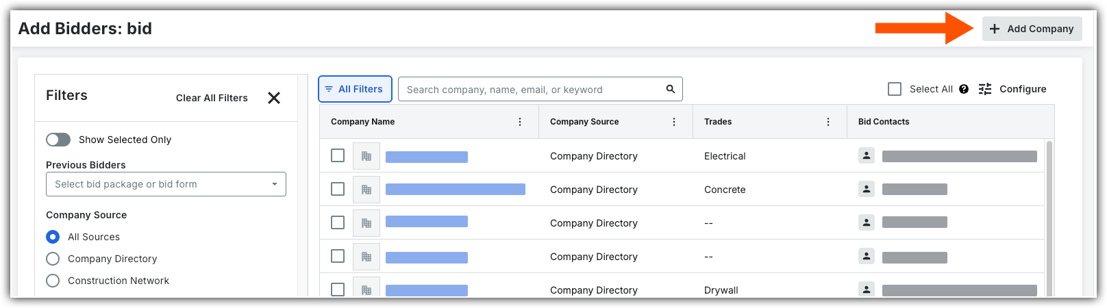 Add Bidders screen with filters panel and company list, red arrow pointing to the Add Company button in the top right.