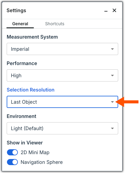 This shows the Selection Resolutions setting in the Settings page of the Next-Gen Viewer in the Model Manager tool. 
