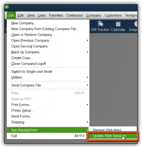 QuickBooks File menu dropdown with 