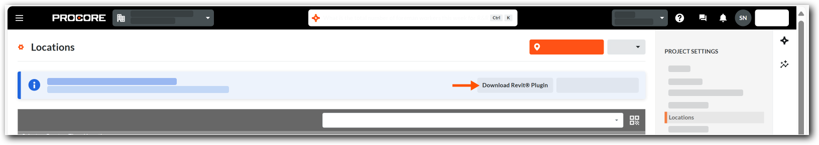 This is a partial SUI showing the Download Revit Plugin button in the Locations page of Project Settings in the Project Admin tool. 