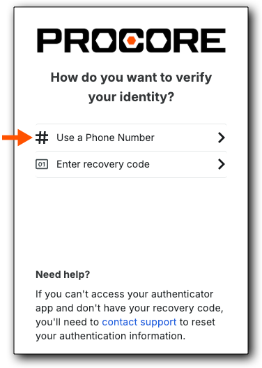 Procore identity verification screen with options to use phone number or recovery code, plus support information.