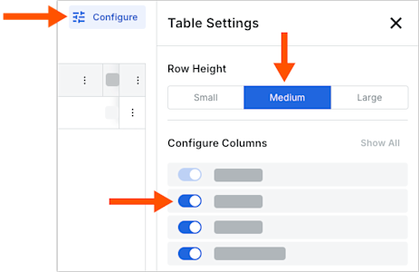 This image shows a Configure button in an active state with the Table Settings panel open and the controls to set a Row Height and Configure Columns. 
