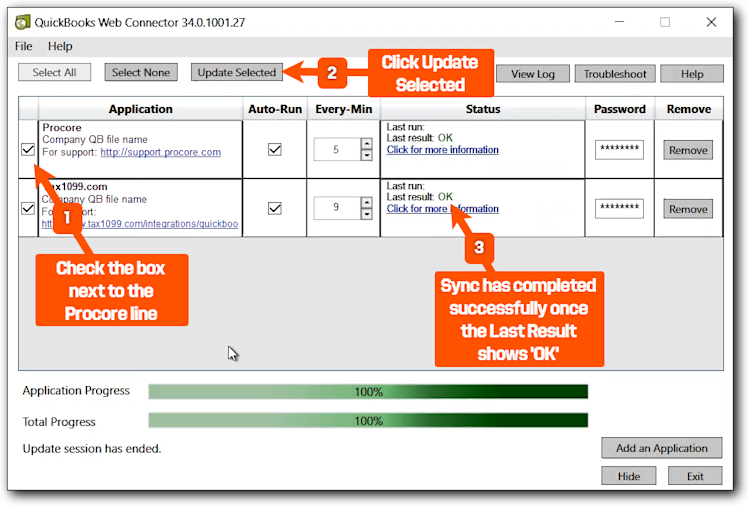 QuickBooks Web Connector interface showing three steps: check box next to Procore, click Update Selected, and verify sync completion status.