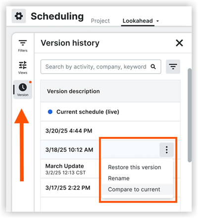 Scheduling tool version history panel showing options to restore, rename, or compare a past version to the current schedule.