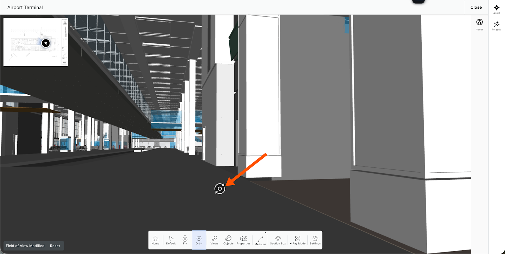 This image shows the orbit tool marker after its been placed in a 3D model.