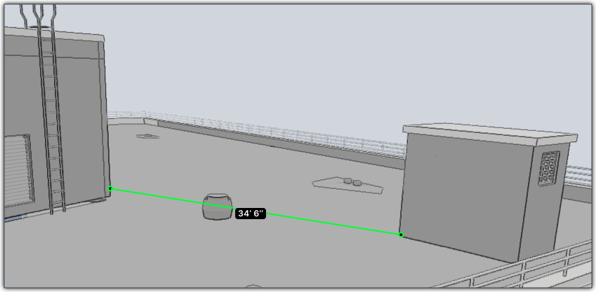 This image shows a completed Shortest Distance measurement bewteen two opens in a project model in the Next Gen Viewer of the Model Manager tool.