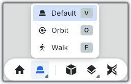This image shows the SpaceMouse icon and flyout menu of controls: Default, Orbit, and Walk