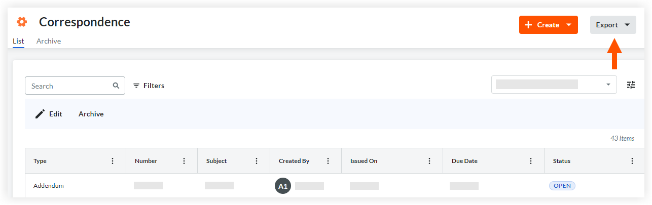 Export All Correspondence Items In List View