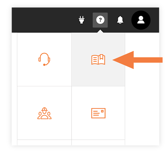 Website menu interface with orange icons for support, documentation, users, and messaging, with an arrow pointing to the documentation icon.