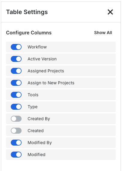 Workflows Configure Table
