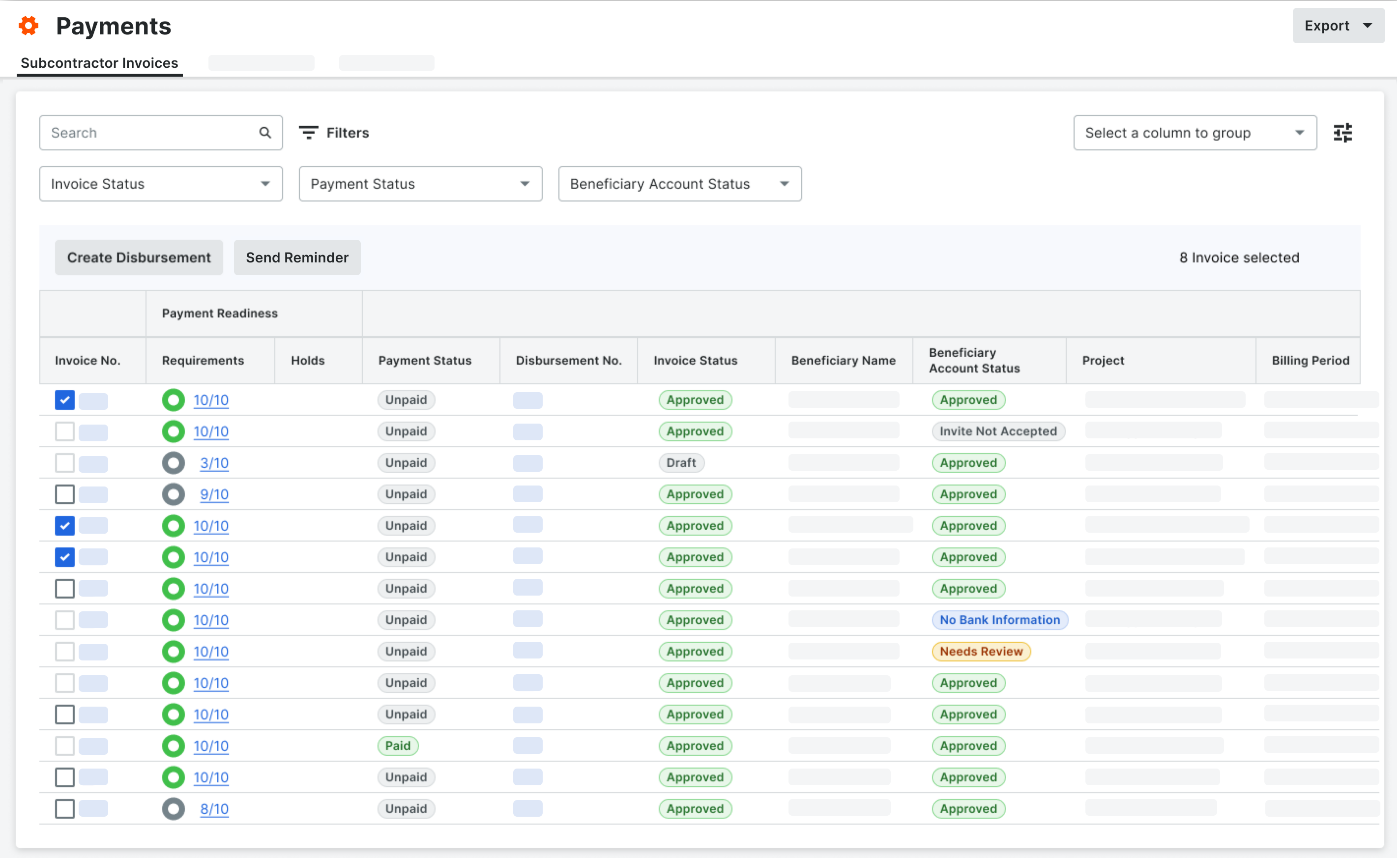 Payments Sub Invoices Tab