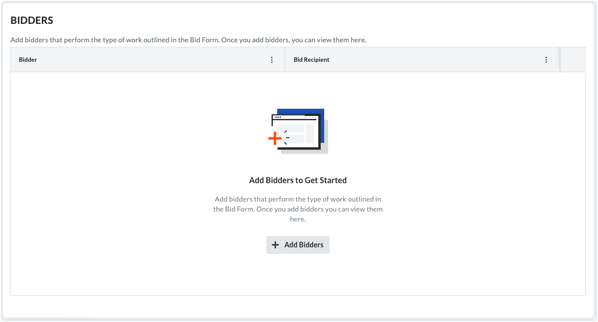 Empty Bidders panel with an Add Bidders button and icon prompting users to add bidders to get started.