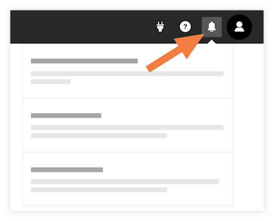 Screenshot of a webpage interface with an orange arrow pointing to a notification bell icon in the top navigation bar.