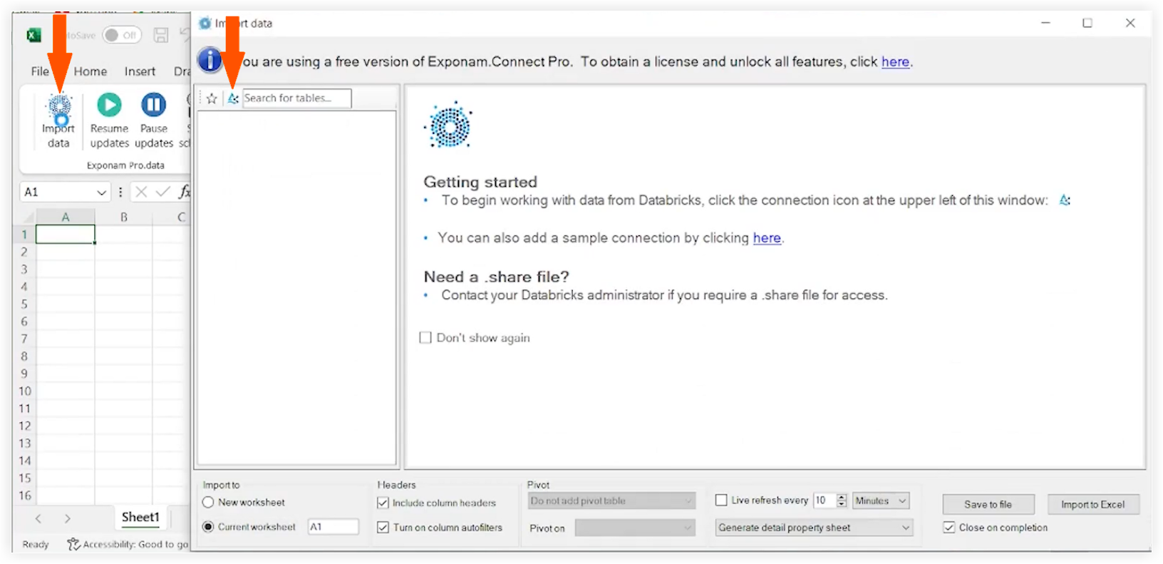 Analytics - Connect to Microsoft Excel Using Exponam - Import data button & Delta Share icon