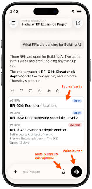 The voice and microphone mute buttons in the Procore AI Go app.
