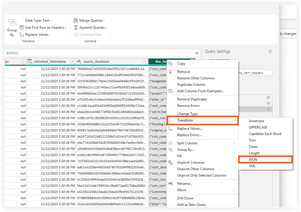 Analytics - Transform Line Items Column to JSON