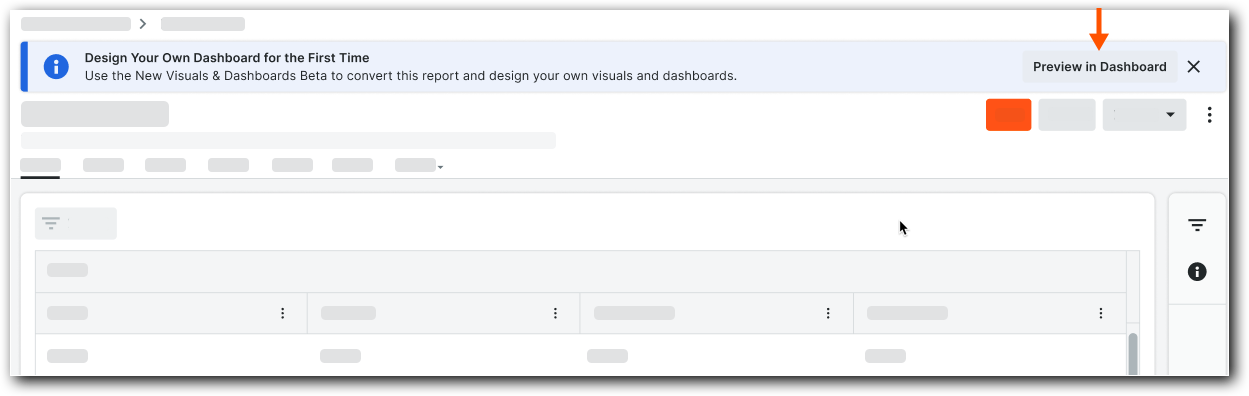 This is a partial SUI of the Preview in Dashboard button that appears in the Design Your Dashboard for the First Time banner at the top of the 360 Reporting tool when viewing a 360 report for the first time. 