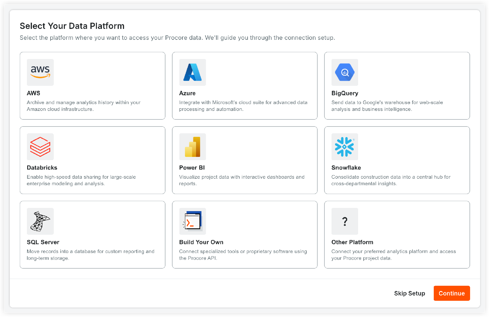 A UI screen showing nine data platform options including AWS, Azure, BigQuery, Databricks, Power BI, Snowflake, SQL Server, and more.
