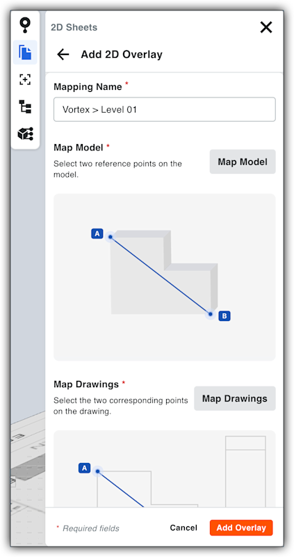 This shows the mapping options in the Add 2D Overlay feature for 2D sheets in the Model Manager viewer.