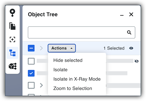 This image shows the Actions Bar and menu options in the Object Tree in the Model Manager tool's viewer.