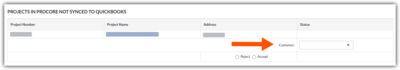 A table showing Projects in Procore Not Synced to QuickBooks with an orange arrow pointing to a Customer dropdown field.