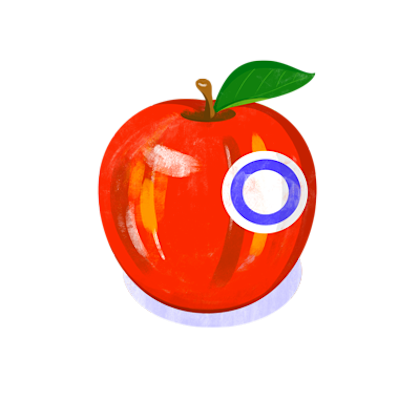 Apple with O on it