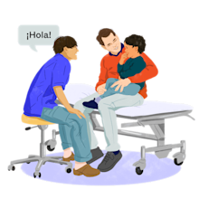 Illustration of father and son at an annual physical with their doctor