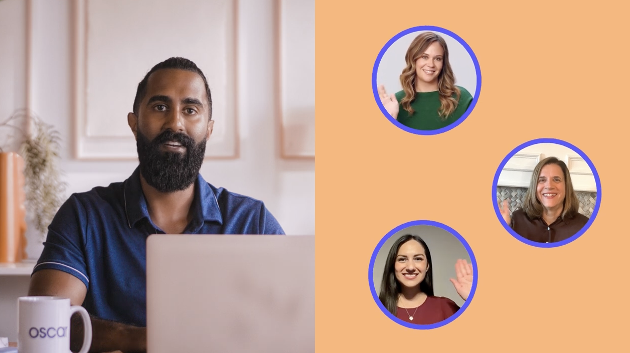 Split screen image, with a provider on their laptop on the left-hand side and images of three individuals on the right.