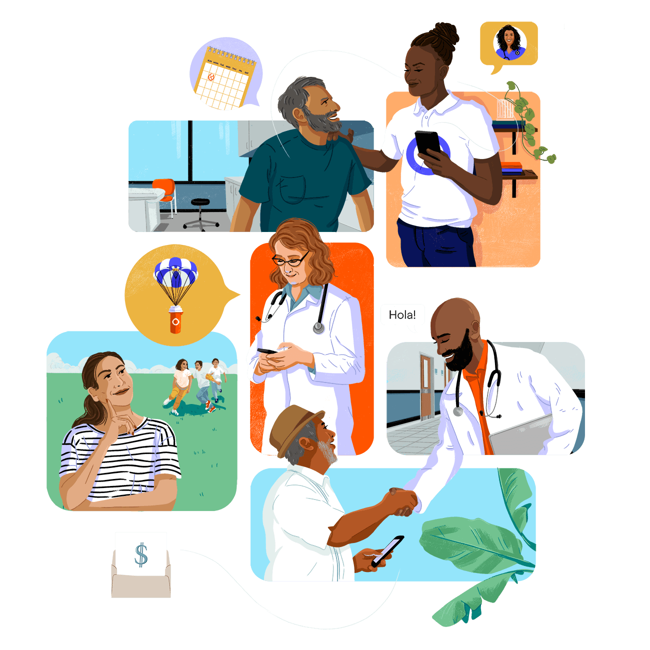 Illustration featuring various scenes of members chatting with a Care Guide, interacting with a providing, and thinking about a prescription refill 