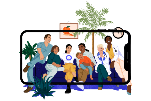 Illustration of a family & medical professionals sitting on a couch together and smiling