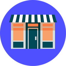 A clean, flat vector illustration of a small business storefront with a green and white striped awning and orange window displays, centered on a blue circular background.