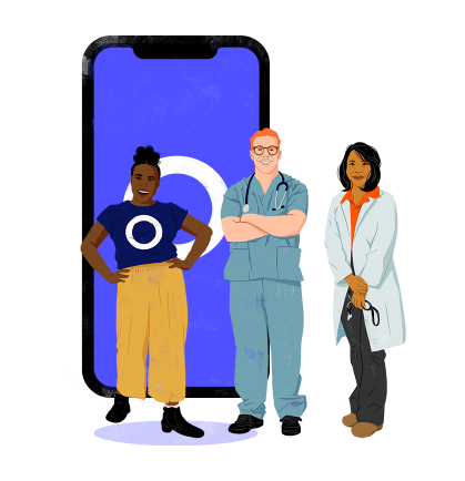 Care Guide, Nurse and Provider standing in front of a phone