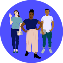 Vector illustration featuring three diverse professionals—one woman with a headset waving, a woman in the center with hands on her hips, and a man holding a laptop. They are set against a bright blue circular backdrop.