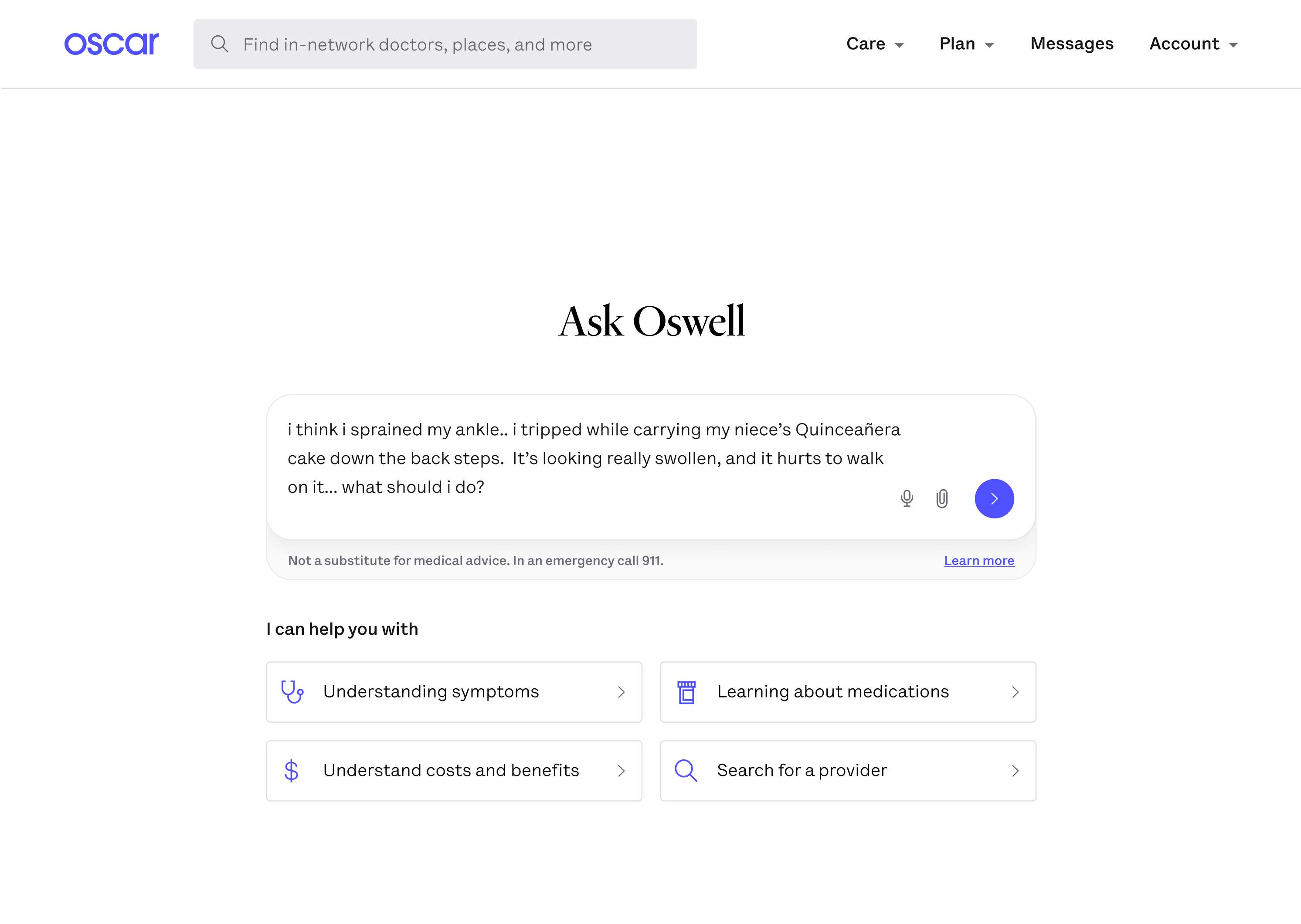 A laptop screen shows a healthcare chatbot called “Ask Oswell.” The user’s message says they think they sprained their ankle after tripping while carrying a Quinceañera cake. Below, the page displays a note saying it’s not a substitute for medical advice and offers options like “Understanding symptoms,” “Learning about medications,” “Understand costs and benefits,” and “Search for a provider.”