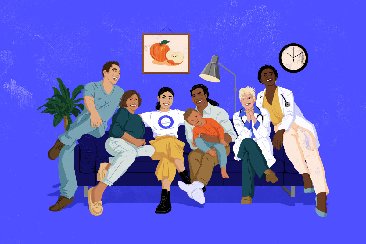 Illustration of a family & medical professionals sitting on a couch together and smiling