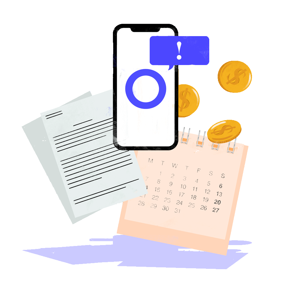 Phone with a notification,  calendar, forms and floating coins