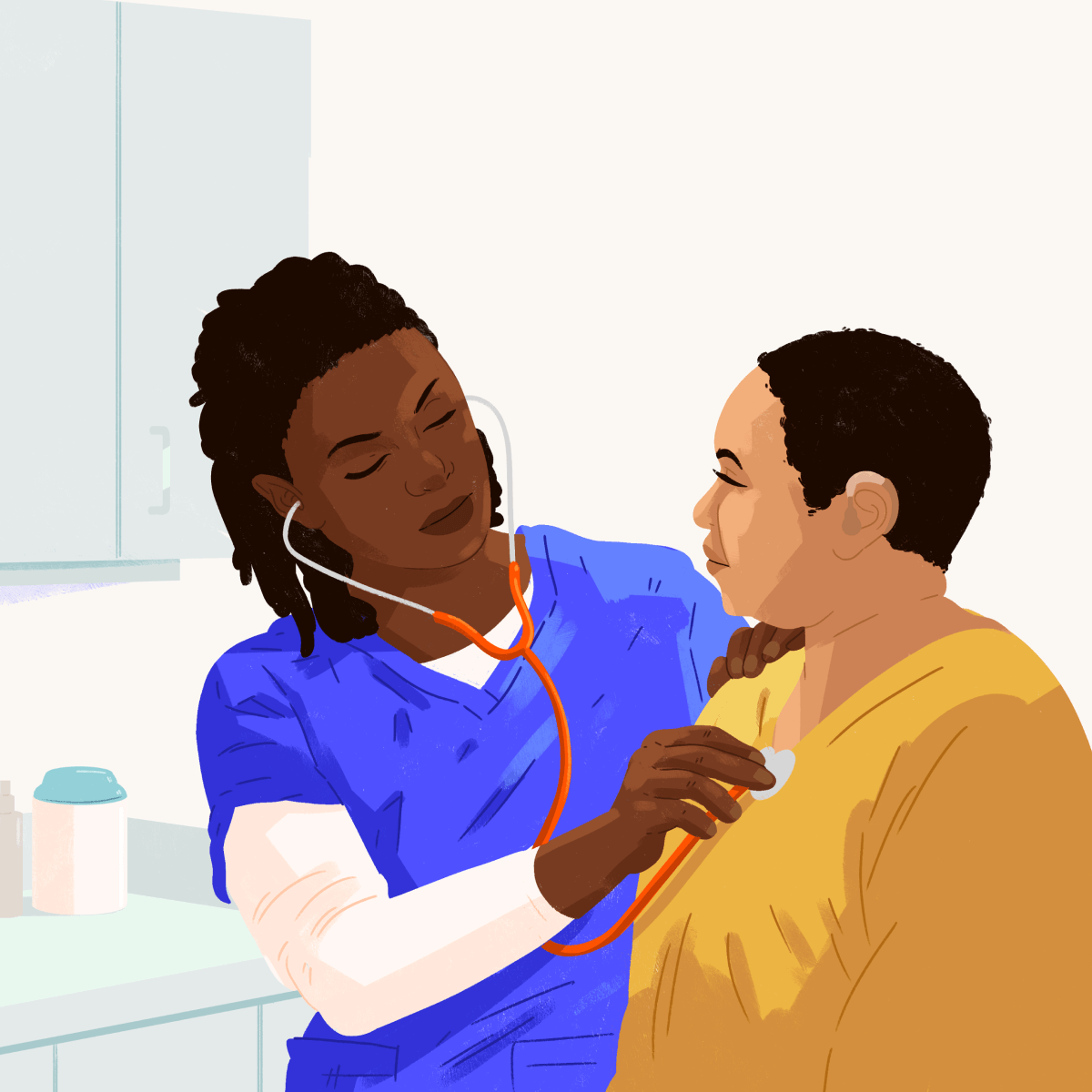 Provider holding stethoscope against a patient's chest 
