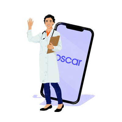 Physician standing in front of smartphone with Oscar logo 