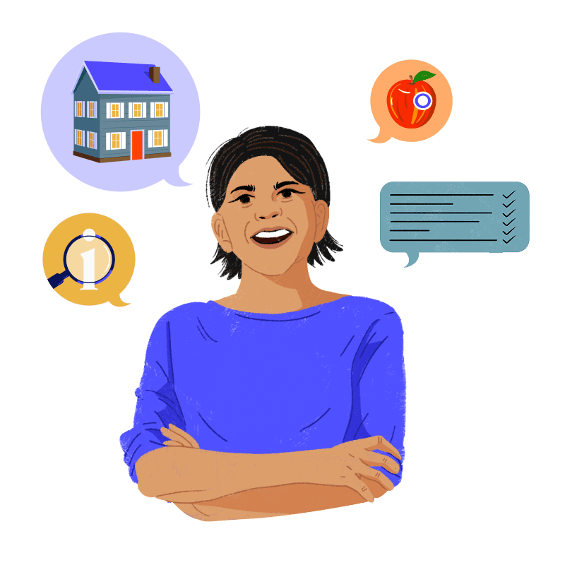 Woman with thought bubbles around her, including a house, an apple, and a search icon