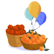 Illustration of two baskets, one filled with apples and the other filled with fruit. Ballons sit behind the basket.