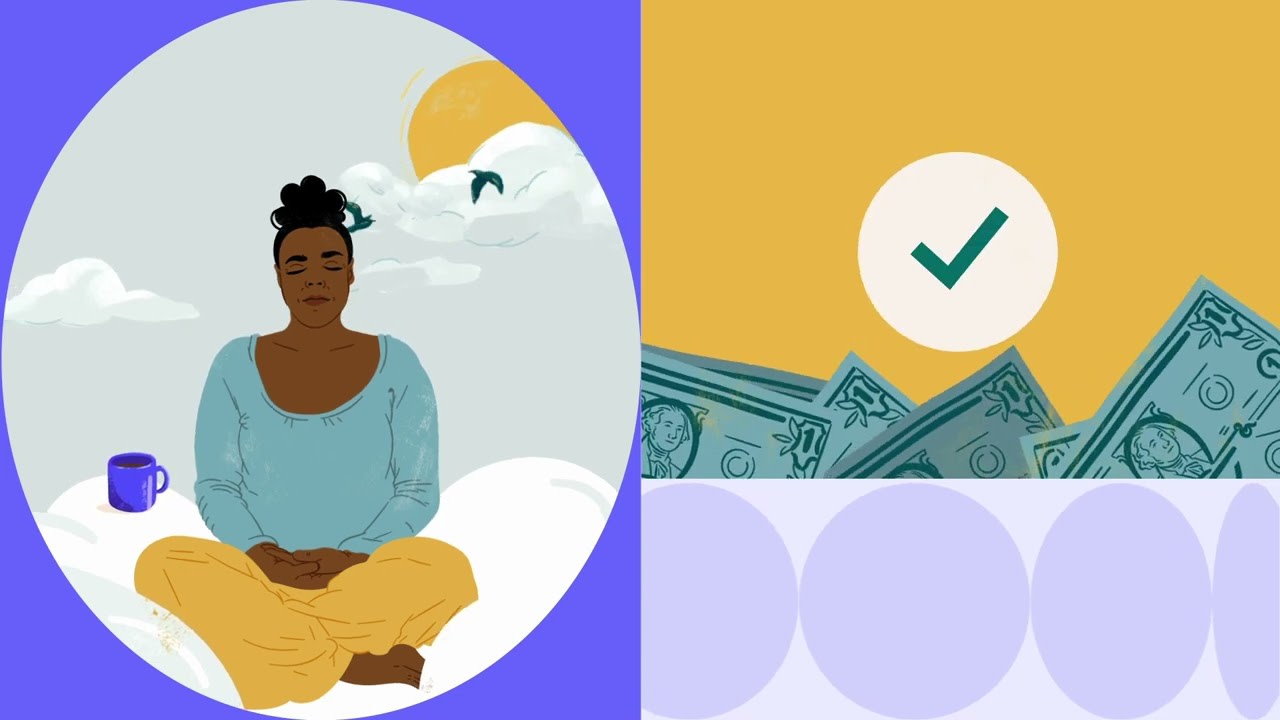 An image of a woman meditating, sitting on a cloud, with the sky and sun behind her. To the right of her is an image of dollar bills with a check above them.