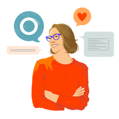 Illustration of a person wearing glasses and an orange shirt, standing with arms crossed, surrounded by speech and thought bubbles.