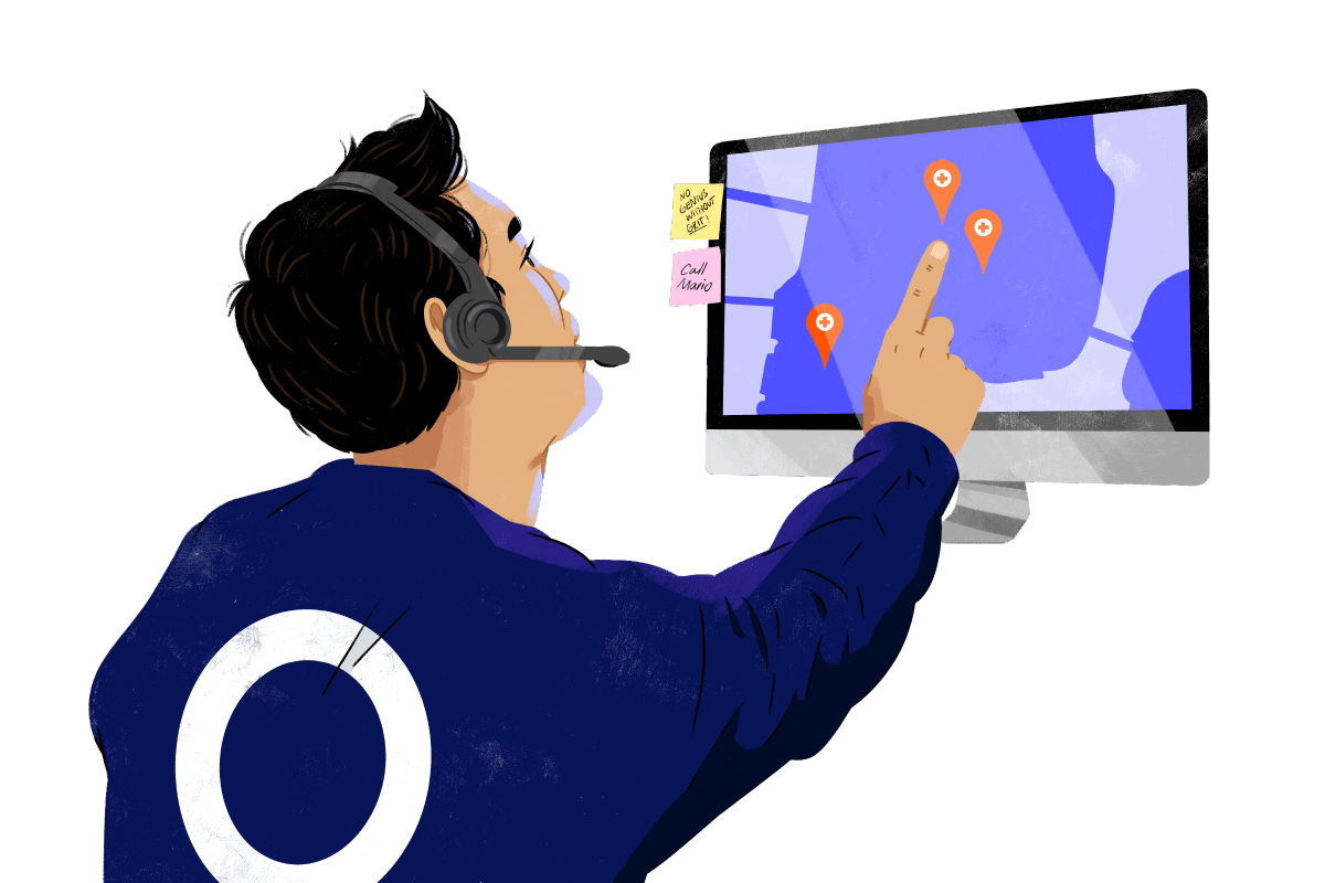 Illustration of a person wearing a headset pointing at a screen showing a map