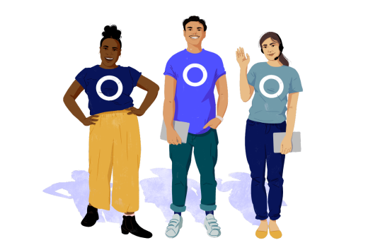 illustration of three smiling and waving people wearing t-shirts with an O