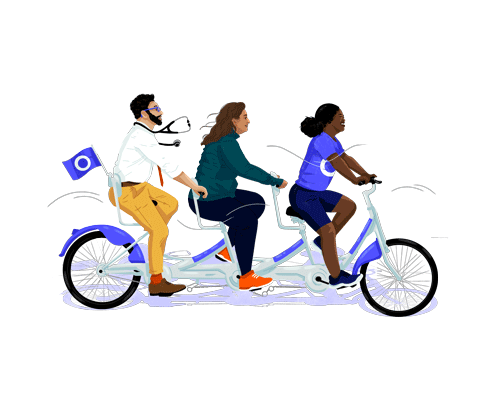 Three people riding on tandem bike