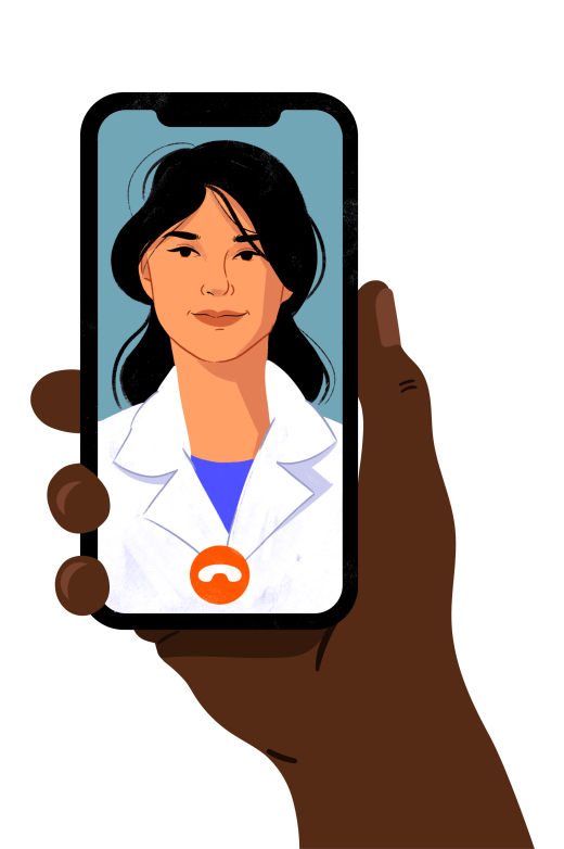Person's hand holding a phone with a doctor on video call