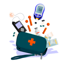 Illustration of a kit with diabetes supplies