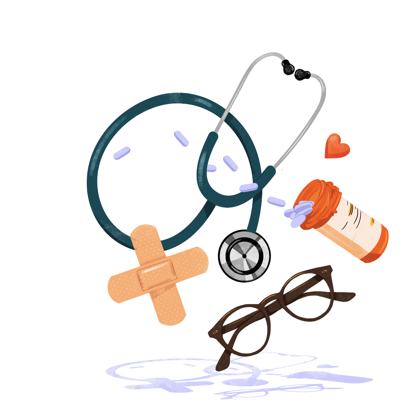 illustration of a stethoscope, band-aides, eyeglasses, and an open pill bottle 