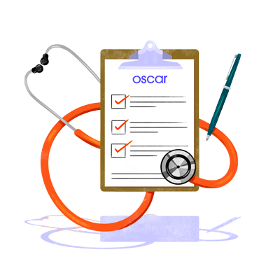 Floating Oscar health survey on clip board with pen and stethoscope