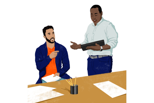 Illustration of two people speaking over a desk